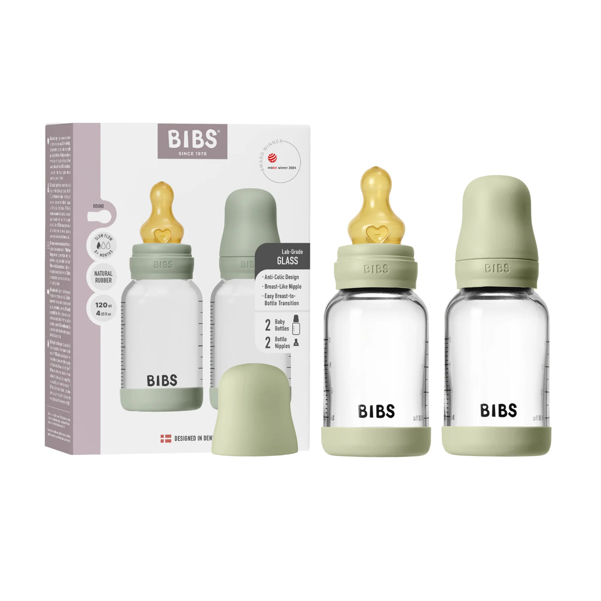 BIBS Glass Bottle Complete Set (2 Pack) 120ml Latex - Sage