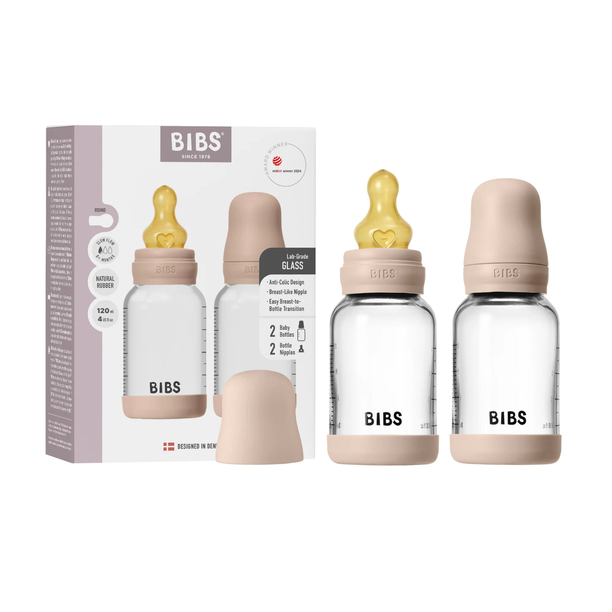 BIBS Glass Bottle Complete Set (2 Pack) 120ml Latex - Blush