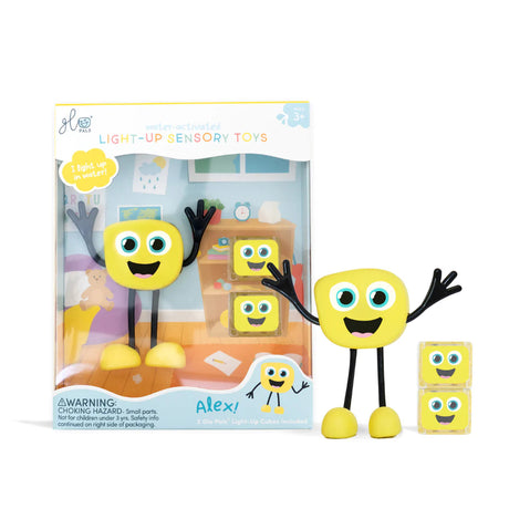 Packaging of Glo Pals Character Alex, which includes a yellow toy figure and two light-up cubes, designed for bath time sensory play.