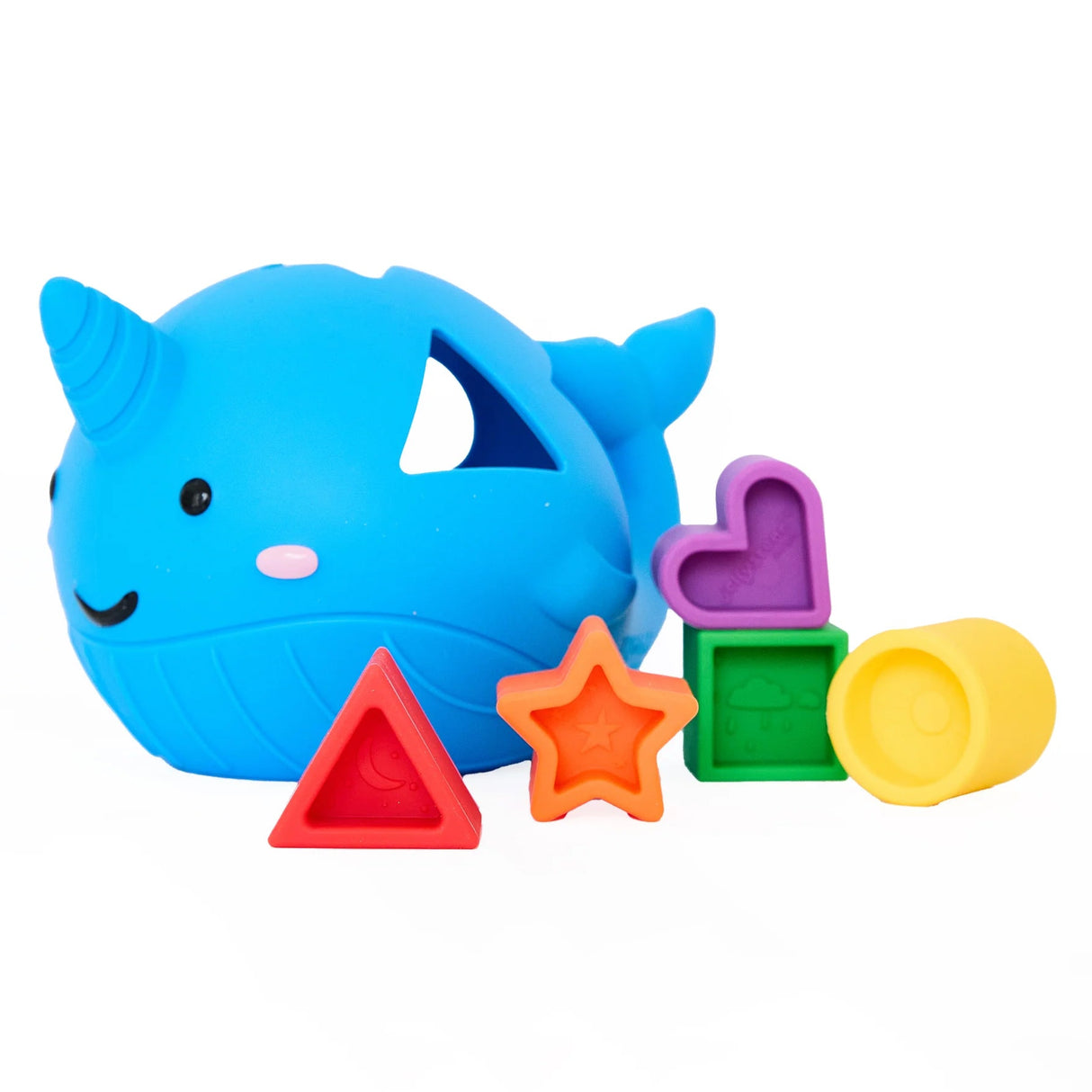 Blue toy shark with colorful shape sorter on a white background