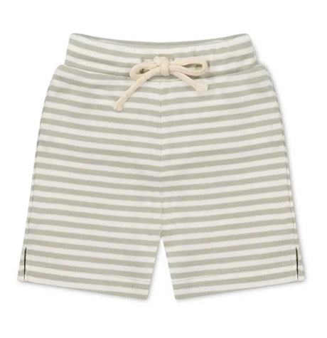 Children's narrow stripe green and white marley shorts with a drawstring waist.