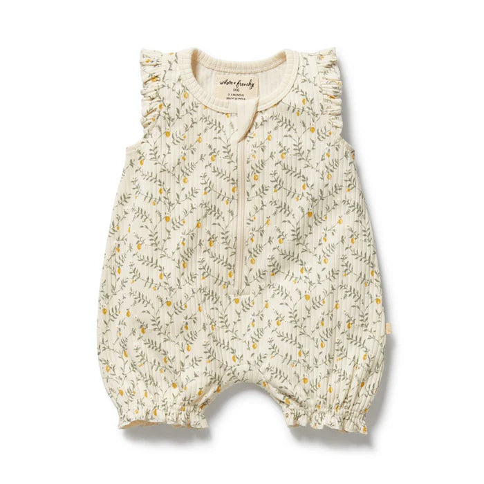 Wilson + Frenchy Lemon Leaf Organic Ruffle Zipsuit