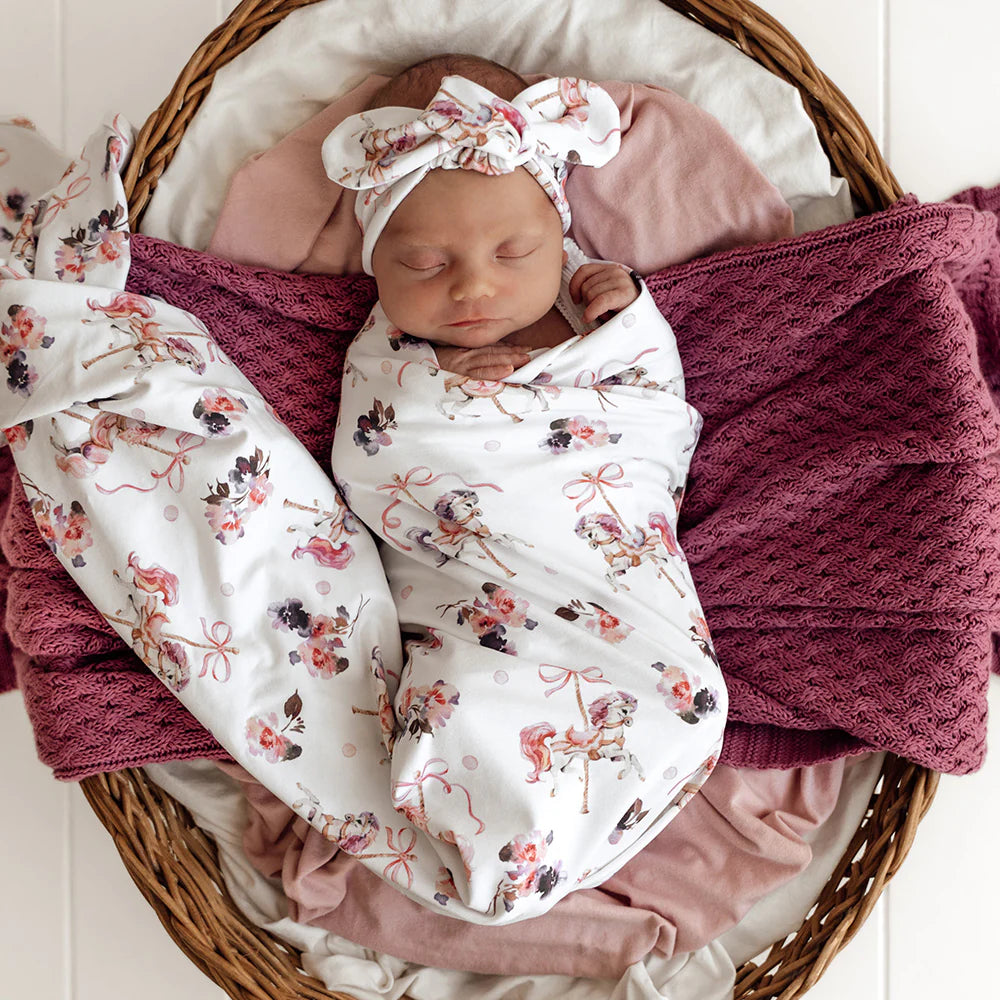 Snuggle Hunny Organic Jersey Wrap & Topknot Set - Carousel