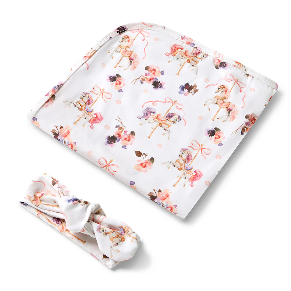 Snuggle Hunny Organic Jersey Wrap & Topknot Set - Carousel