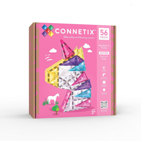Connetix magnetic tiles packaging with pink background and unicorn design
