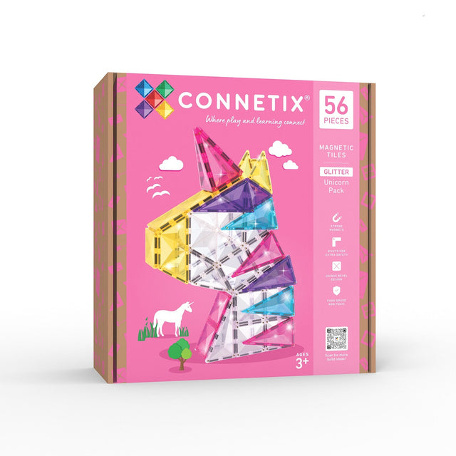 Connetix magnetic tiles packaging with pink background and unicorn design