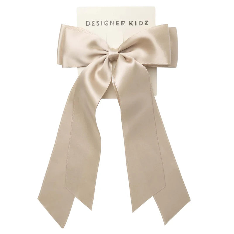 Designer Kidz Satin Long Bow Hair Clip - Latte