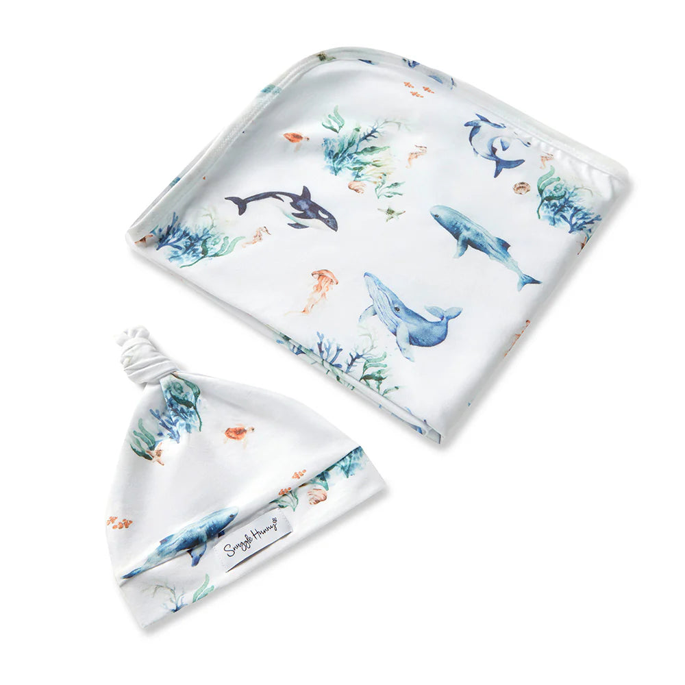 Snuggle Hunny Organic Jersey Wrap + Beanie Set - Ocean
