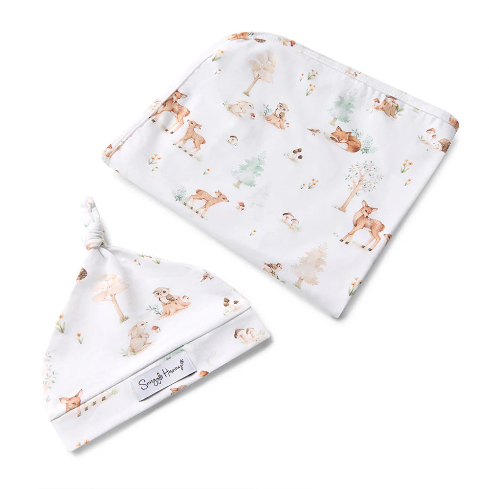 Snuggle Hunny Organic Jersey Wrap + Beanie Set - Woodland Tales