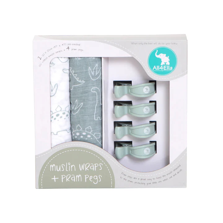 Muslin 2 Pack + 4 Pram Peg - Sage Dino