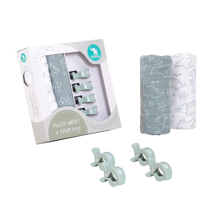 Muslin 2 Pack + 4 Pram Peg - Sage Dino