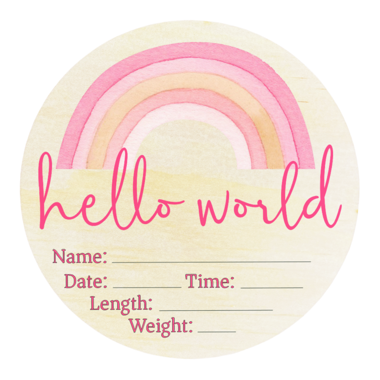 Timber Tinkers Birth Announcement Plaque - Pink Rainbow