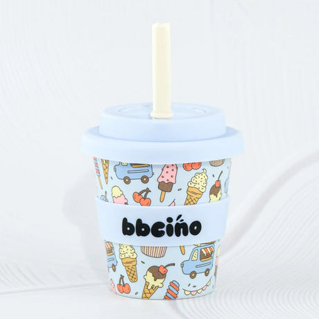 Ice cream-themed cup with a straw on a white background