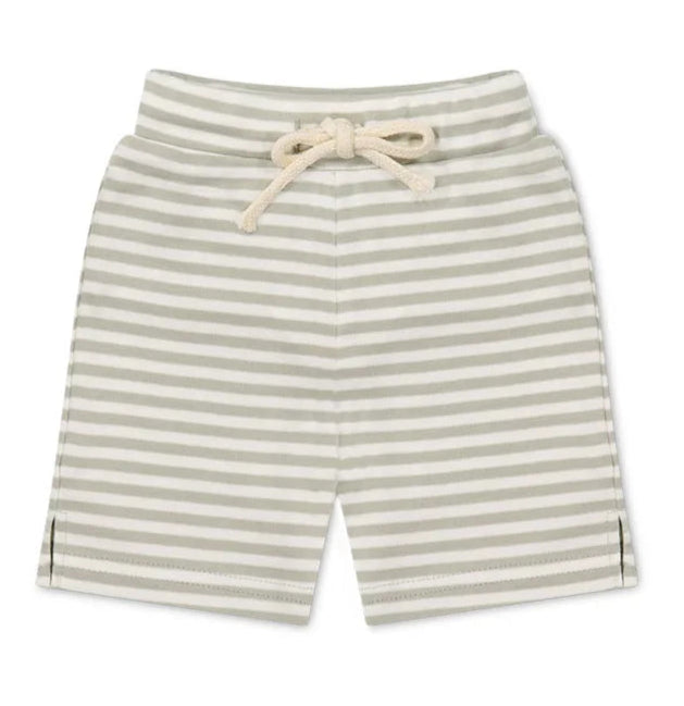 Children's narrow stripe green and white marley shorts with a drawstring waist.