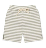 Children's narrow stripe green and white marley shorts with a drawstring waist.