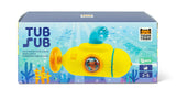 Yellow toy submarine in a blue box with 'Tub Sub' branding on a white background