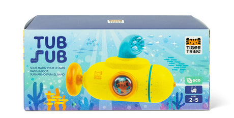 Yellow toy submarine in a blue box with 'Tub Sub' branding on a white background