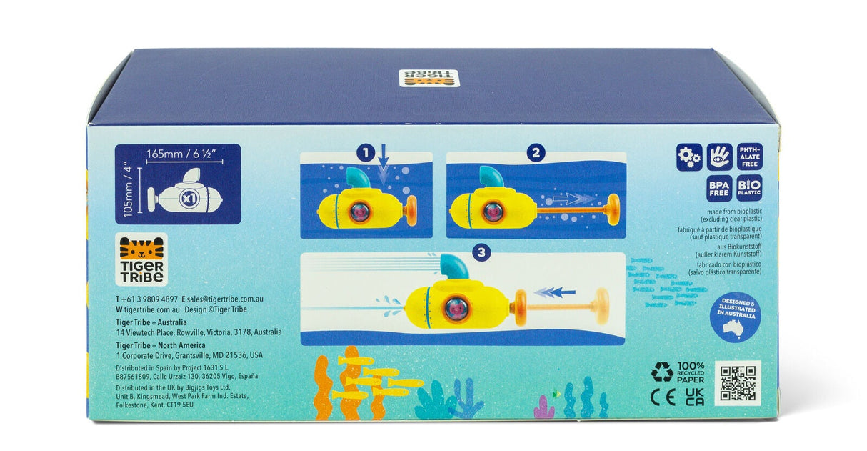 Box packaging of Tiger Tribe underwater toy set with blue and yellow design