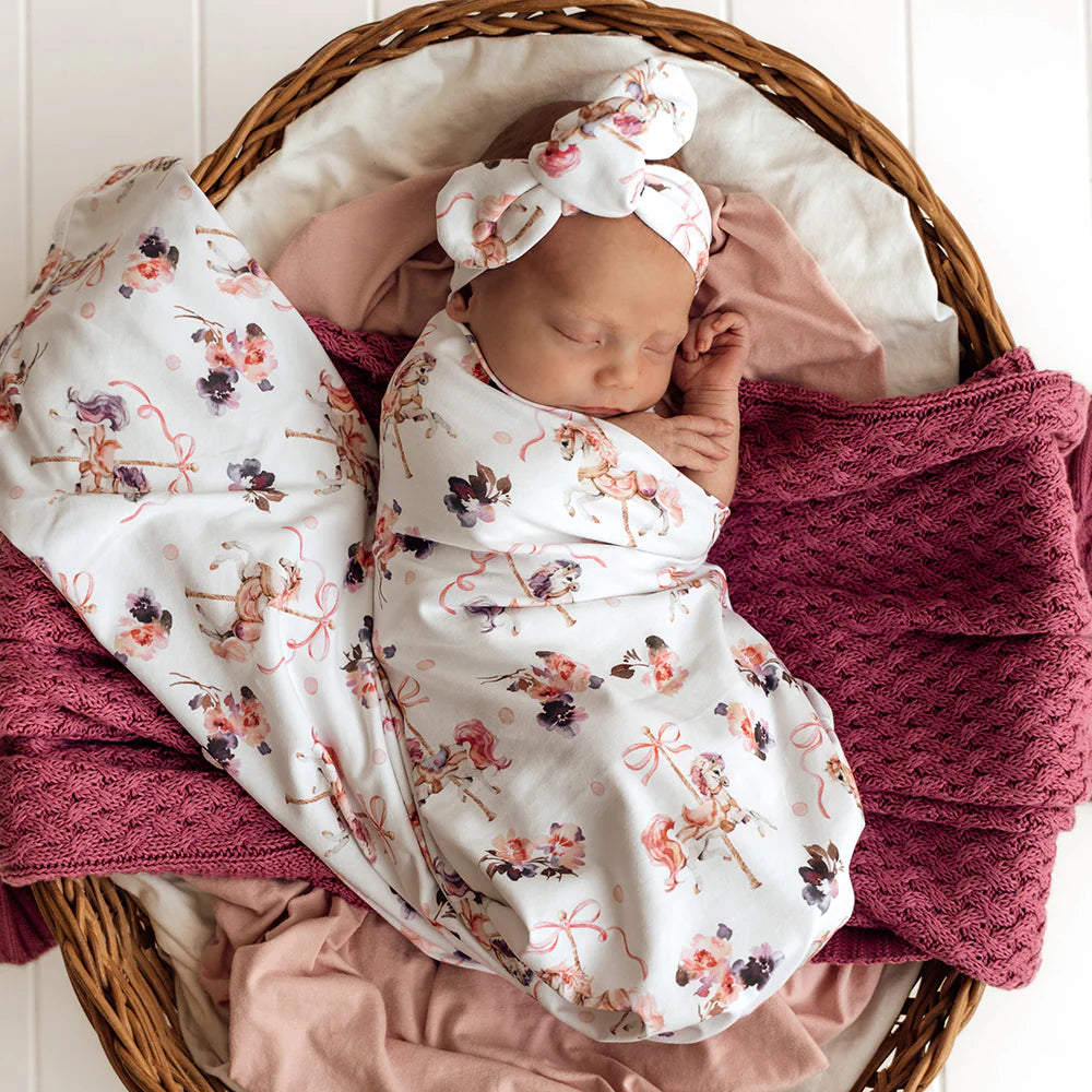 Snuggle Hunny Organic Jersey Wrap & Topknot Set - Carousel