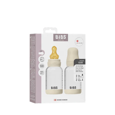 BIBS Glass Bottle Complete Set (2 Pack) 120ml Latex - Ivory