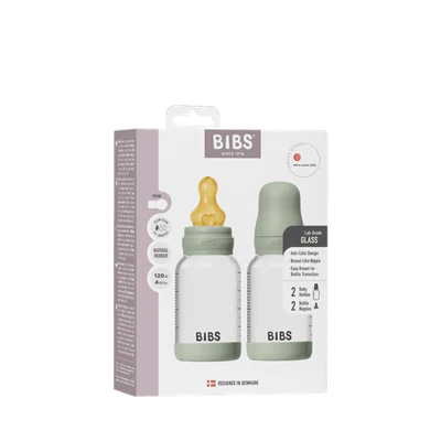 BIBS Glass Bottle Complete Set (2 Pack) 120ml Latex - Sage