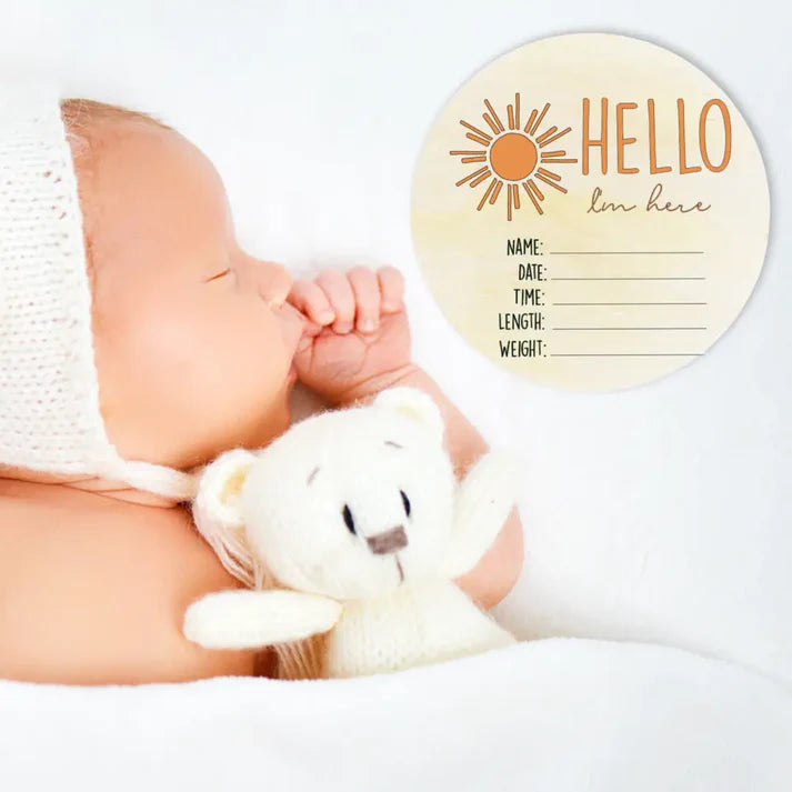 Timber Tinkers Hello I'm Here Sun Wooden Birth Disc