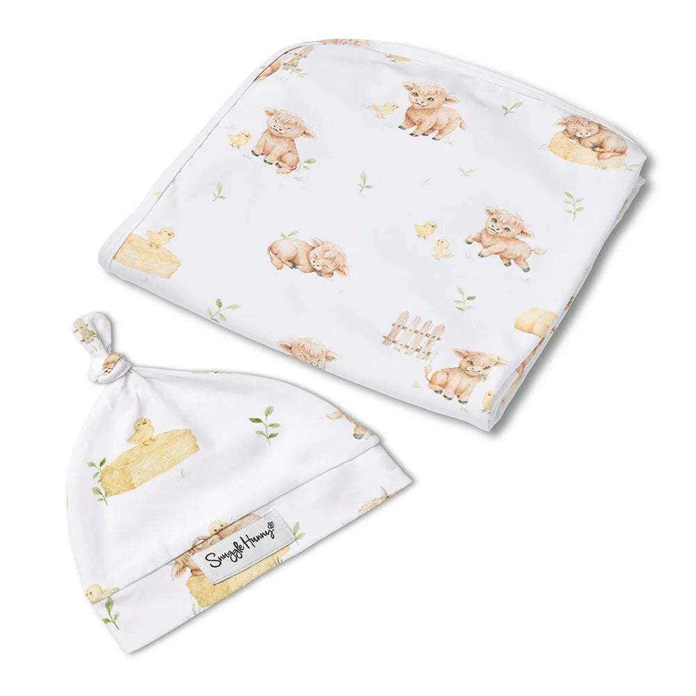 Snuggle Hunny Highland Cows Jersey Wrap + Beanie Set