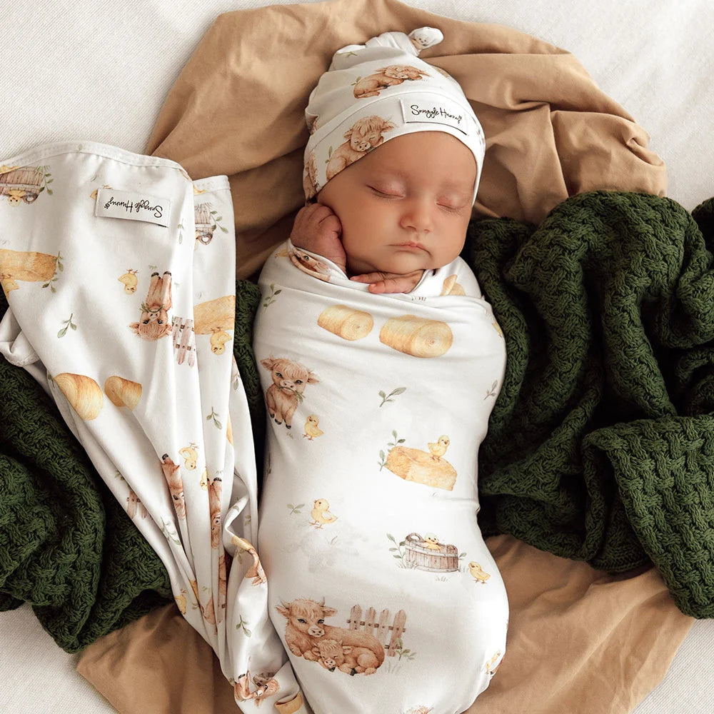 Snuggle Hunny Highland Cows Jersey Wrap + Beanie Set
