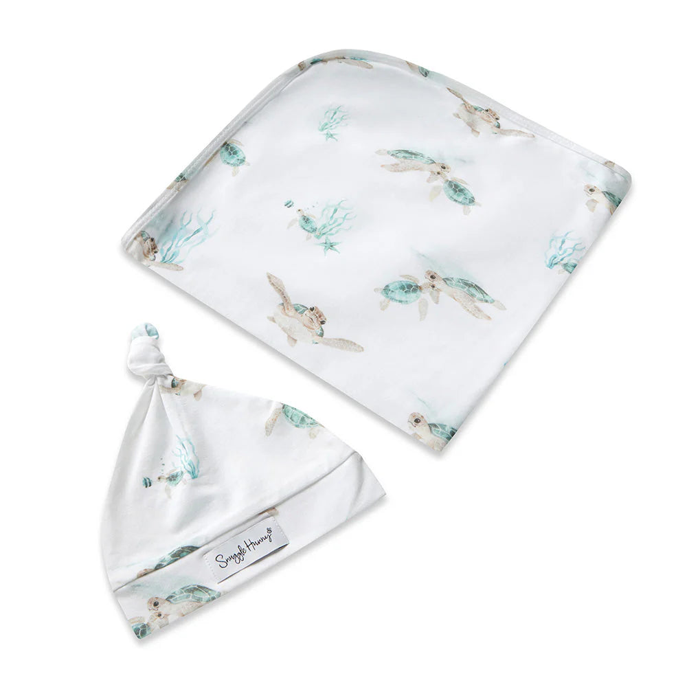 Snuggle Hunny Jersey Wrap + Beanie Set - Turtle