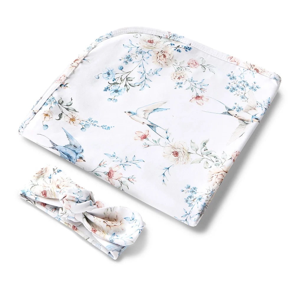 Snuggle Hunny Organic Jersey Wrap & Beanie Set - Sweet Swallows