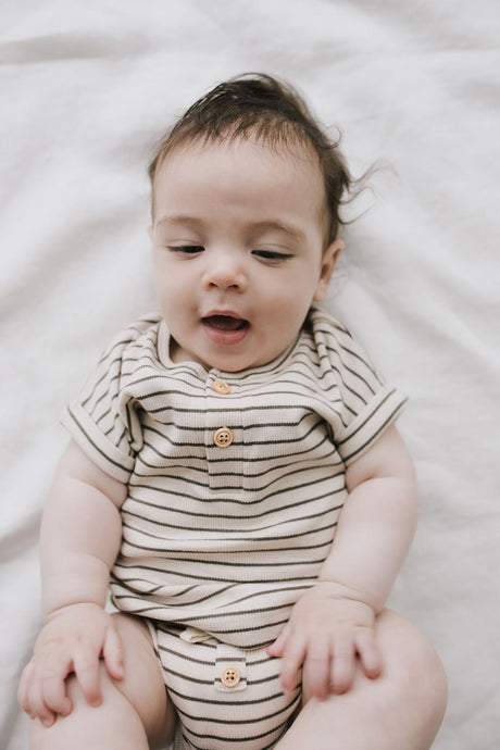 Organic Cotton Fine Rib Parker Bloomer - Oatmeal Mini Stripe