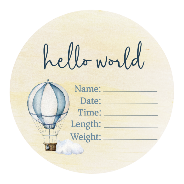 Timber Tinkers Birth Announcement Plaque - Blue Hot Air Balloon