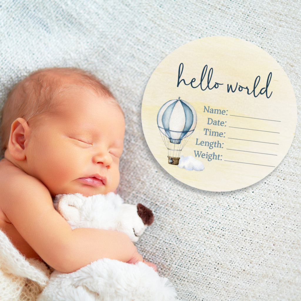 Timber Tinkers Birth Announcement Plaque - Blue Hot Air Balloon