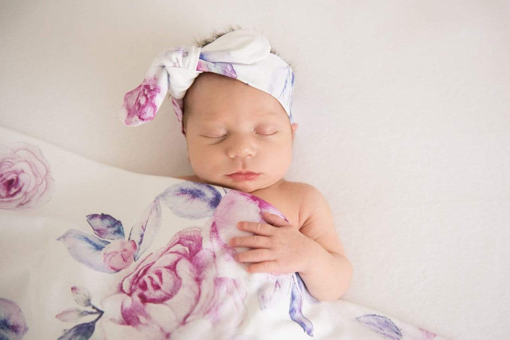 Raspberry Lane Boutique Lilac Skies Baby Jersey Wrap and Top Knot Set