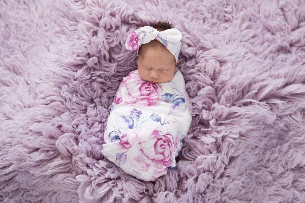 Raspberry Lane Boutique Lilac Skies Baby Jersey Wrap and Top Knot Set