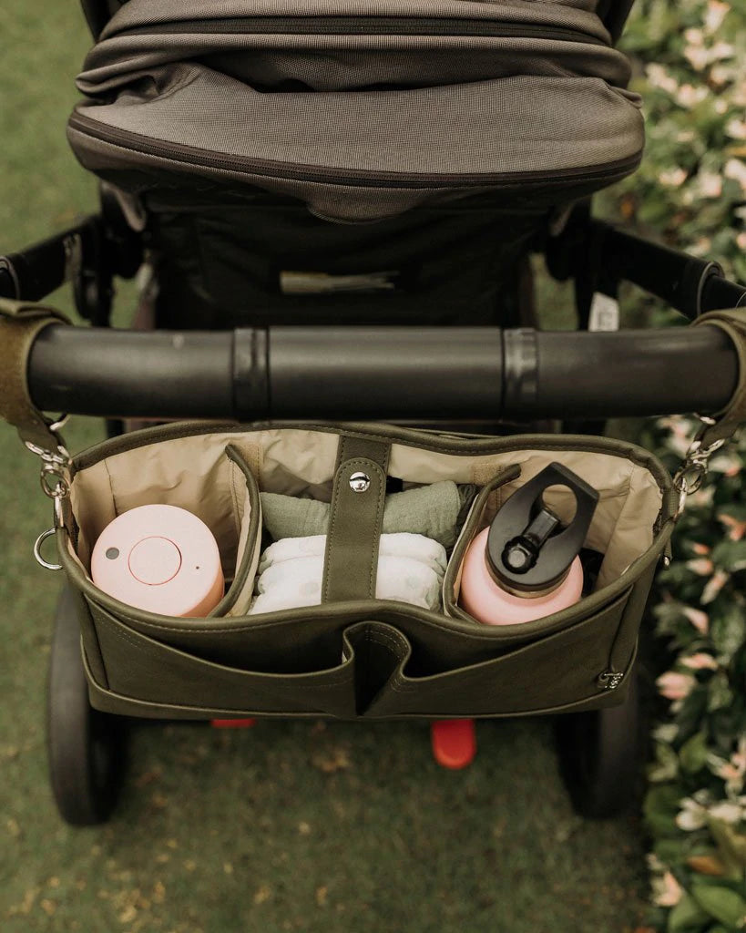 OiOi Faux Leather Stroller Organiser/Pram Caddy - Olive