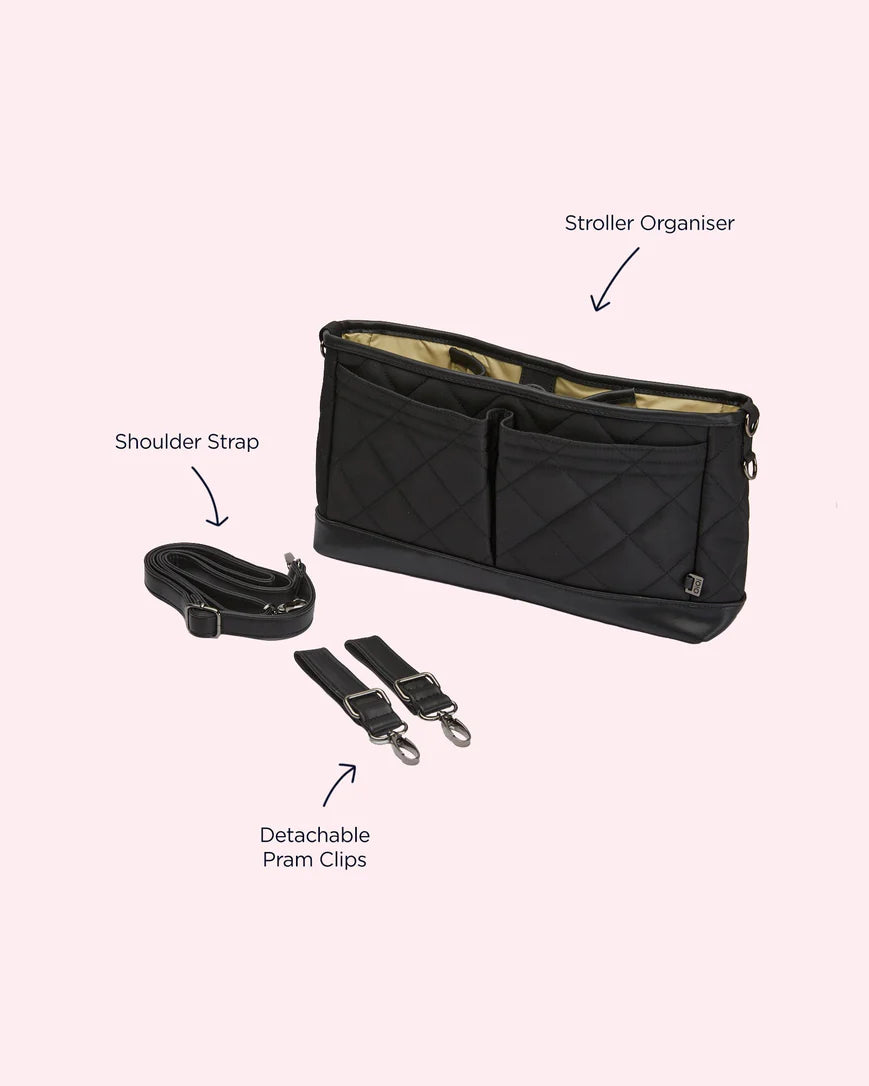 OiOi Stroller Organiser/Pram Caddy - Black Diamond Quilt